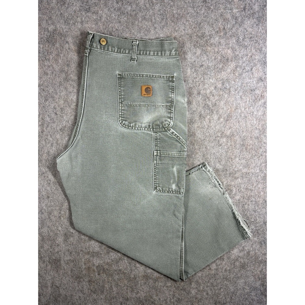 Carhartt Mens 40x28 Carpenter Work Pants Green Faded Distressed Canvas Utility